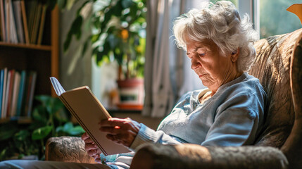 An elderly woman focused while reading an e-book on her tablet. She's curled up on an armchair near a sunny window.