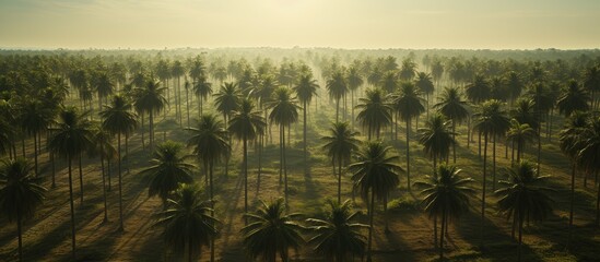 Aerial perspective of tall, vertical palm trees in an Ivorian plantation, with visible trunks and silhouettes of long leaves.