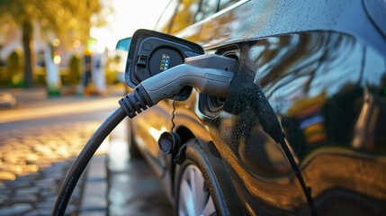 Close-up of a gas pump nozzle filling up an electric vehicle, focused on the EV emblem. Emission reductions.