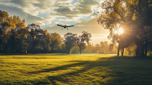 Remote-controlled airplane flying over a park at sunset