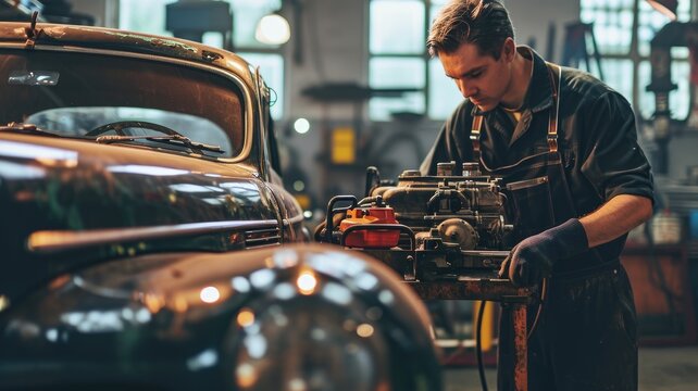 Fototapeta Mechanic working on a vintage car's engine in a garage