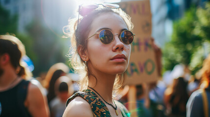 Portrait of a climate activist at a protest holding a sign.