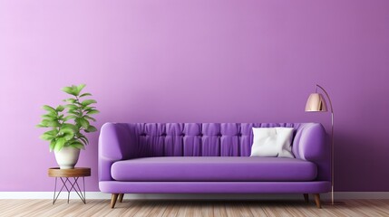There is a sofa in the purple living room that has copy space