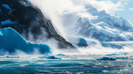 Sweeping landscape image of melting glaciers flowing into the ocean.  Sea levels and global warming.