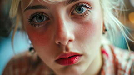 teenage blonde girl with make up on and having fun, in the style of queercore, colorized