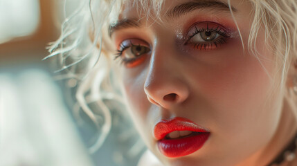teenage blonde girl with make up on and having fun, in the style of queercore, colorized
