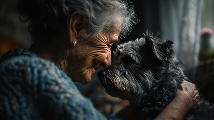 Smiling senior woman with wrinkles embracing her dog at home, enjoying precious moments together
