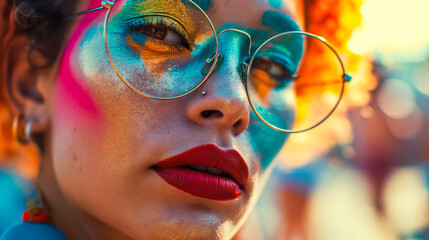 Woman with colorful makeup and glasses dancing in the street,  close up,