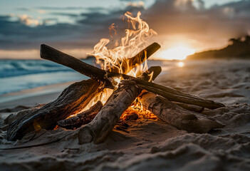 a bonfire with burning wood sitting on a beach in full sun,