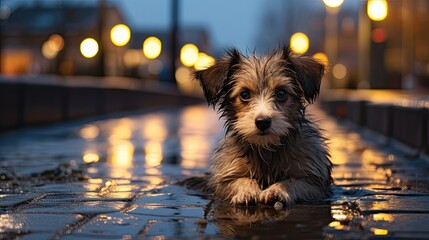 Sad and abandoned puppy on the street in winter - obrazy, fototapety, plakaty