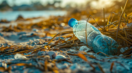 A close-up, detailed image of plastic waste and debris washed up on a pristine beach, showing the impact of pollution on oceans.