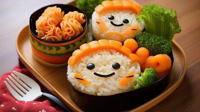 Japanese bento for children presentation, healthy food to take away.