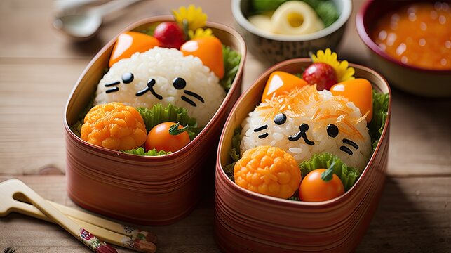 Japanese bento for children presentation, healthy food to take away.