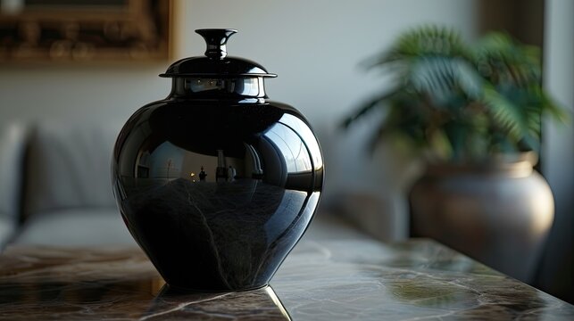Black funeral urn to store ashes with a modern design.