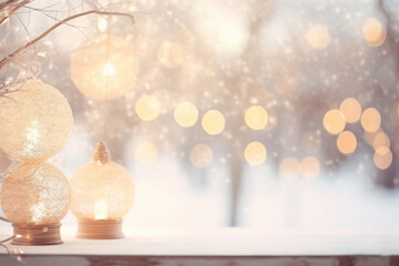 Fototapeta na wymiar Festive New Year card with winter blurred bokeh and lights