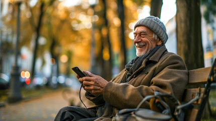An elderly man smiling as he texts on his smartphone while sitting on a park bench. Trees blurred in the background.