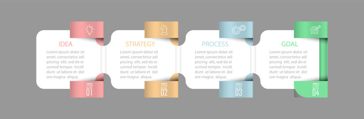 Business Infographics. 4 steps to achieve the result. Stages of development, workflow, marketing or plan. Business strategy with icons. Diagram of the report, statistics and training.