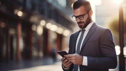 Obraz na płótnie Canvas A Well-Dressed Businessman Talking on His Smartphone