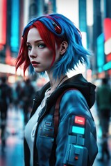 An android girl is walking down a city street. The concept of the world of the future