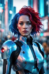An android girl is walking down a city street. The concept of the world of the future