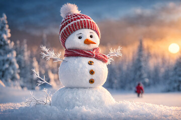 Obraz premium Panoramic view of happy snowman in winter scenery with copy space