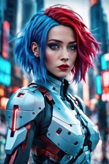 An android girl is walking down a city street. The concept of the world of the future