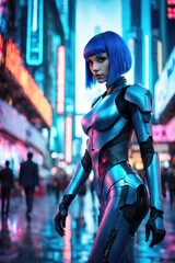 An android girl is walking down a city street. The concept of the world of the future