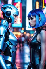 An android girl is walking down a city street. The concept of the world of the future