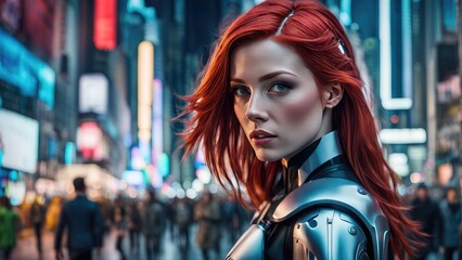 An android girl is walking down a city street. The concept of the world of the future