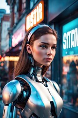 An android girl is walking down a city street. The concept of the world of the future