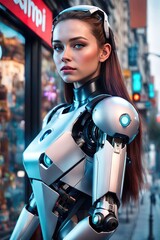 An android girl is walking down a city street. The concept of the world of the future