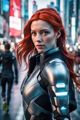 An android girl is walking down a city street. The concept of the world of the future