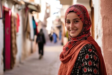 Smiling middle eastern muslim little girl wearing a hijab looking at the camera at a middle eastern city street - obrazy, fototapety, plakaty