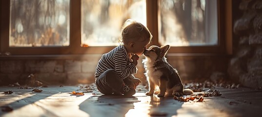 Cherishing moment  boy affectionately kisses dog s nose by window, leaving space for text. - obrazy, fototapety, plakaty