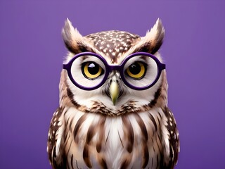 Owl with glasses. Purple background. Generative AI