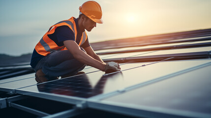 Engineer working setup Solar panel at the roof top. Engineer or worker work on solar panels or solar cells on the roof of business building - obrazy, fototapety, plakaty