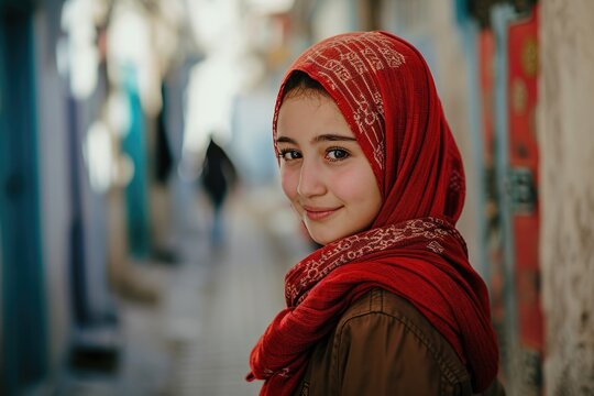 Smiling middle eastern muslim little girl wearing a hijab looking at the camera at a middle eastern city street