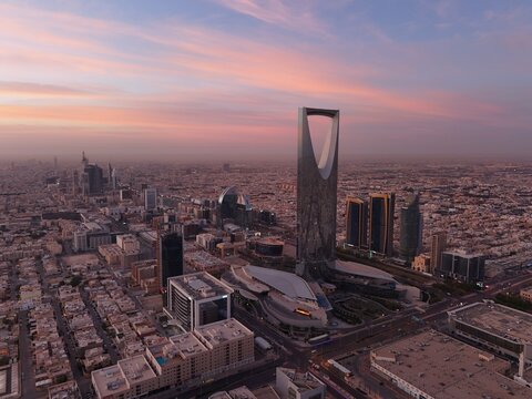 Drone shot flying. Saudi Arabia. Riyadh. Sunrise. 