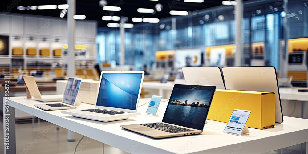 Aufkleber laptops in modern technology store, creating a versatile workspace for potential customers.