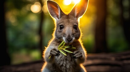 A wallaby is eating while holding a tree branch in a vertical shot