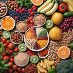 Health food for fitness concept with fruit, vegetables, pulses, herbs, spices, nuts, grains and pulses. High in anthocyanins, antioxidants, smart carbohydrates, omega 3, minerals and vitamins.