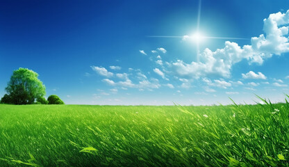 green grass field blue sky . Generative AI,