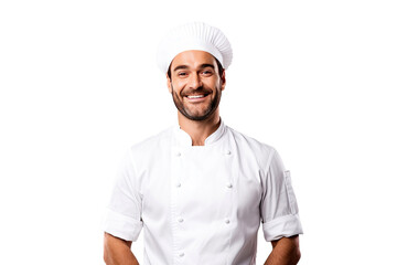 Portrait of male chef with uniform and cap posting with happy smile isolated on transparent background.