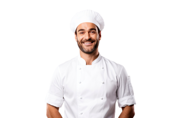 Portrait of male chef with uniform and cap posting with happy smile isolated on transparent background.