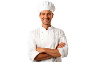 Portrait of male chef with uniform and cap posting with happy smile isolated on transparent background.