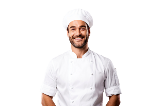Portrait of male chef with uniform and cap posting with happy smile isolated on transparent background.