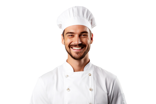 Portrait of male chef with uniform and cap posting with happy smile isolated on transparent background.