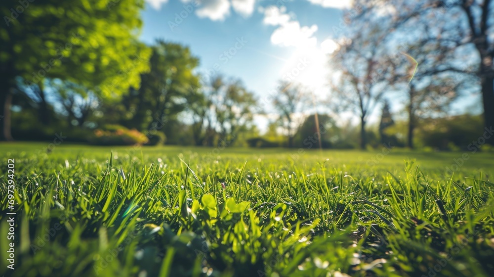 Poster a peaceful scene of a grassy field with tall trees in the background. perfect for nature or landscap