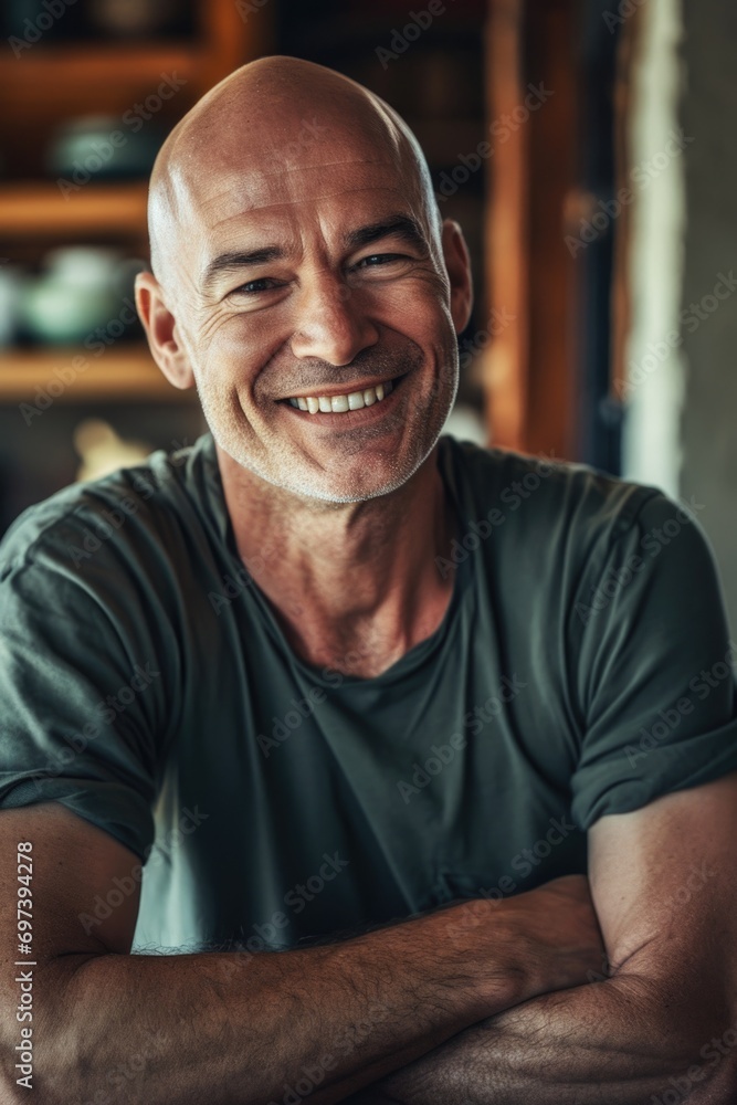 Poster a bald man standing with his arms crossed and a warm smile on his face. suitable for business and pr