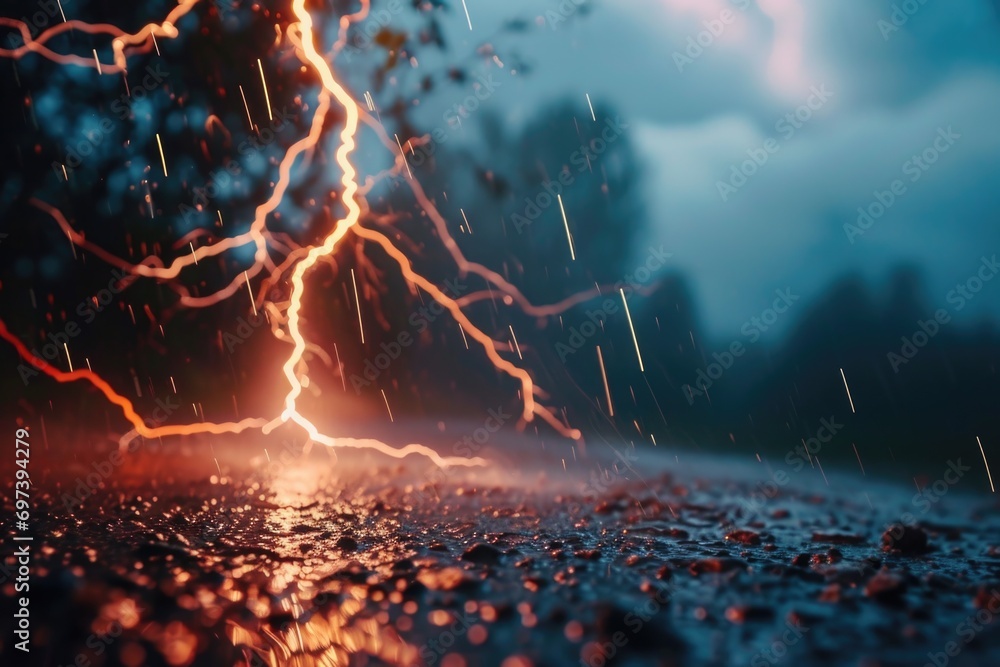 Poster A photo capturing a blurry lightning bolt amidst the rain. Perfect for illustrating the power and intensity of a storm. Ideal for weather-related articles or blog posts